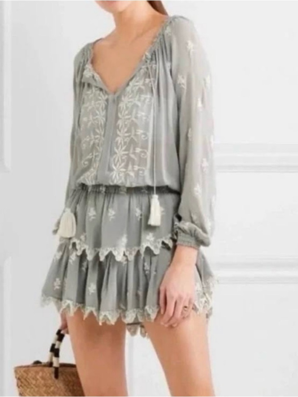 LoveShackFancy Grey Embroidered Tiered Mini Dress